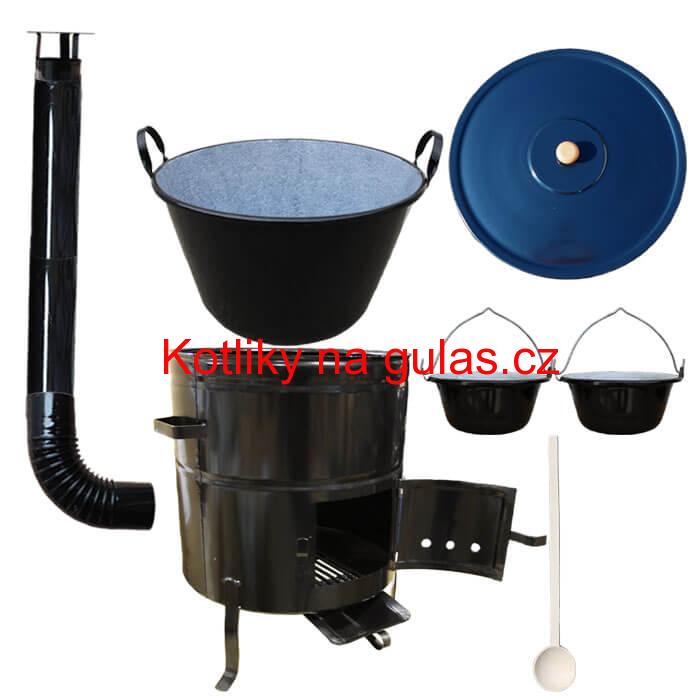 Zabijačkový smaltovaný kotel 70 L + kovová kotlina 56 cm + 2 servírovací kotlíky  a kouřovod