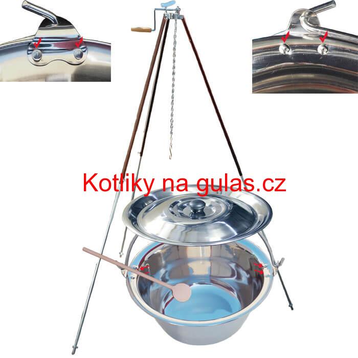 Nerezový kotlík 30 L (0,8 mm) s nýty + teleskopická trojnožka s pojistnou kladkou + poklice