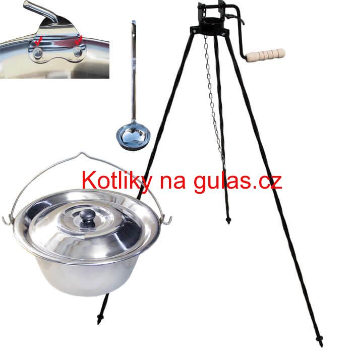 Nerezový kotlík 15 L (0,8 mm) s nýty + stojan s kladkou VAR