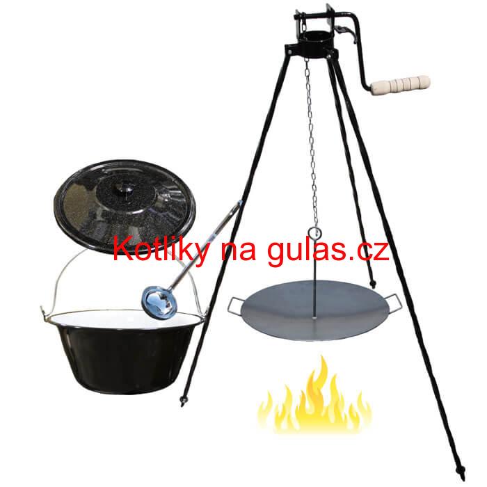 Smaltovaný kotlík 16 L (1,2 mm) + pánev na grilování a stojan s kladkou VAR