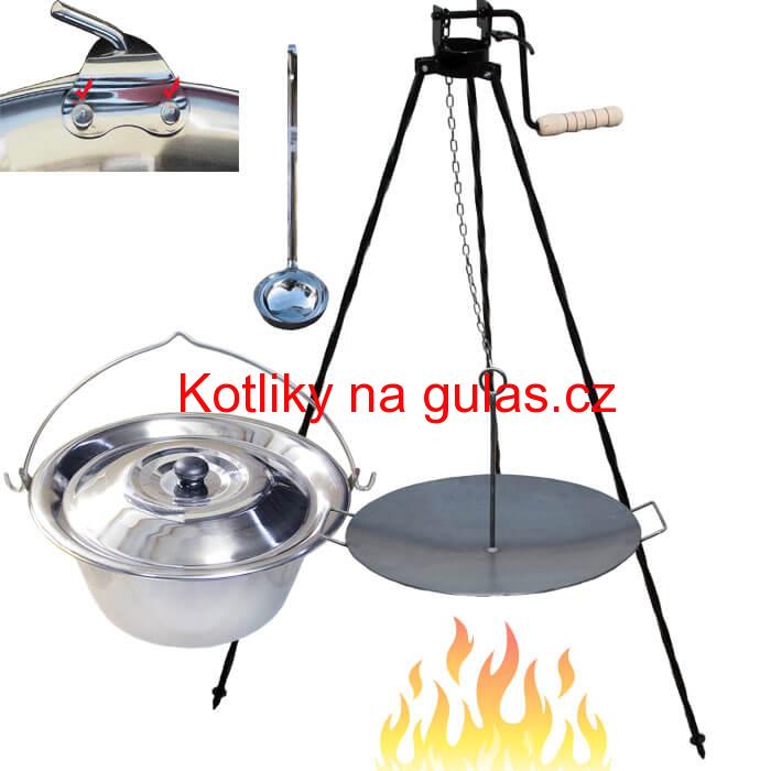 Nerezový kotlík 15 L (0,8 mm) s nýty + pánev na grilování a stojan s kladkou VAR