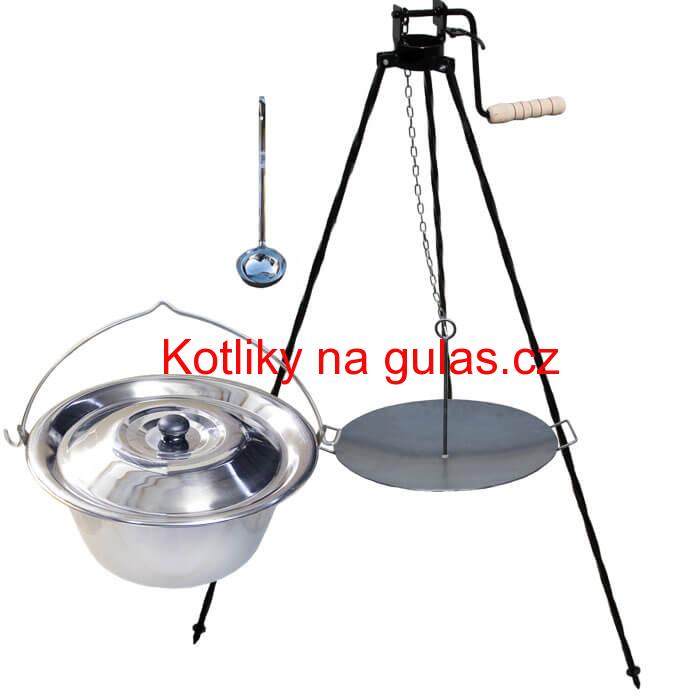 Nerezový kotlík 22 L (0,8 mm) + pánev na grilování a stojan s kladkou VAR