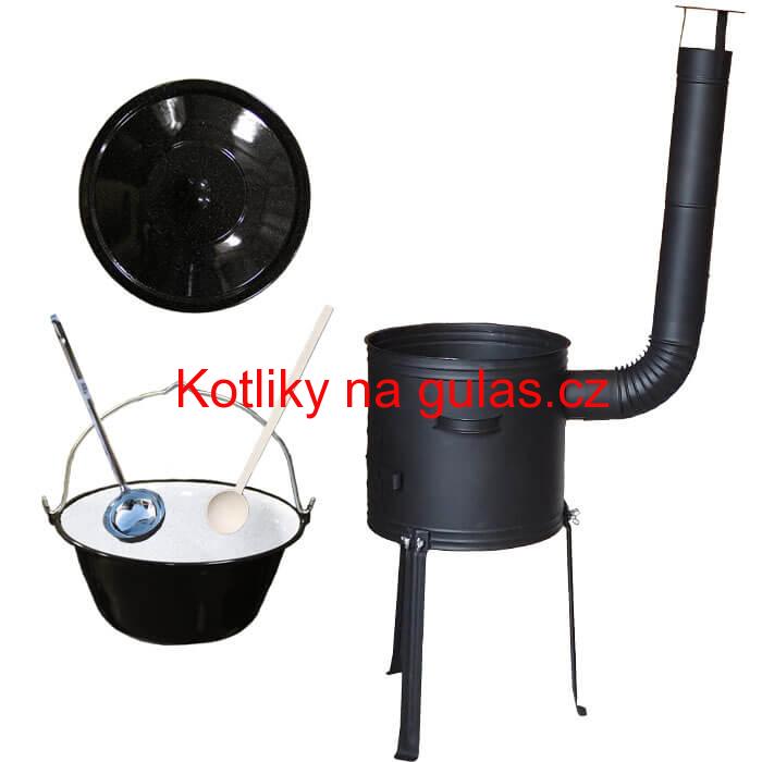 Smaltovaný kotlík 25 L (1,2 mm) + kovová kotlina s vysokými nožičkami 42 cm + vařečka a naběračka
