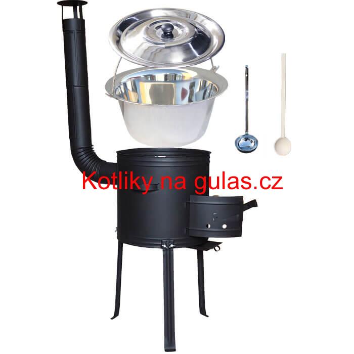 Nerezový kotlík 15 L (1,2 mm) + kovová kotlina s vysokými nožičkami 36 cm + vařečka a naběračka