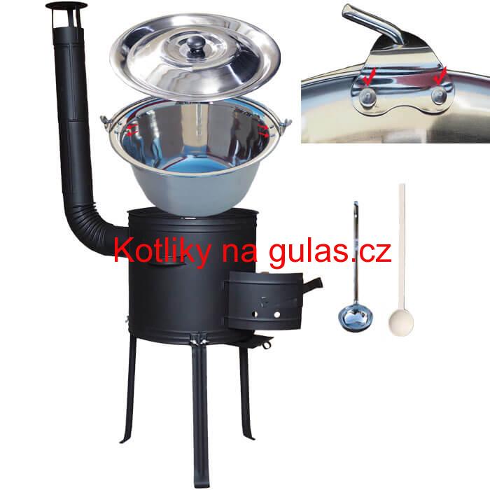 Nerezový kotlík 20 L (0,8 mm) zesílený s nýty + kovová kotlina s vysokými nožičkami 42 cm, žáruvzdorná barva Plus 700 + vařečka a naběračka