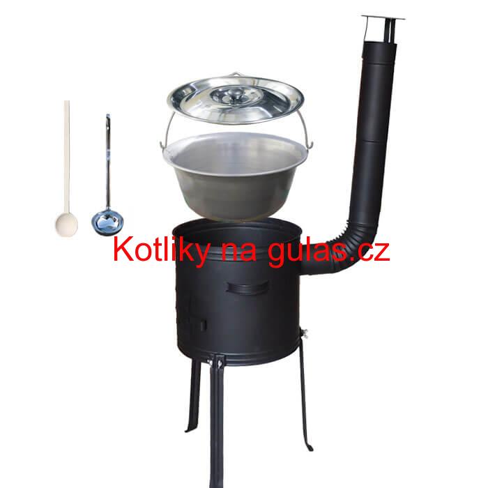 Nerezový kotlík 15 L (1,5 mm) + kovová kotlina s vysokými nožičkami 36 cm, žáruvzdorná barva Plus 700 + vařečka a naběračka