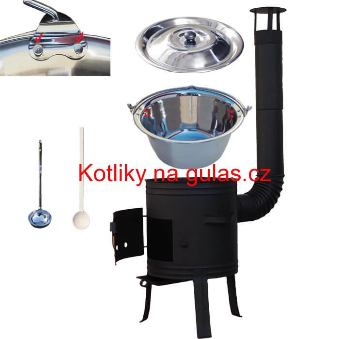 Nerezový kotlík 10 L (0,8 mm) s nýty + nízká žáruvzdorná kotlina 33 cm PLUS 700 + vařečka a naběračka