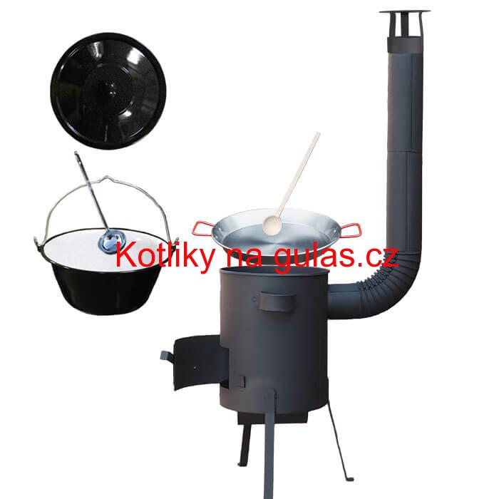 Smaltovaný kotlík 16 L + Paella ocelová pánev 42 cm + žáruvzdorná kotlina 39 PLUS 600 s roštem na popel 4 mm