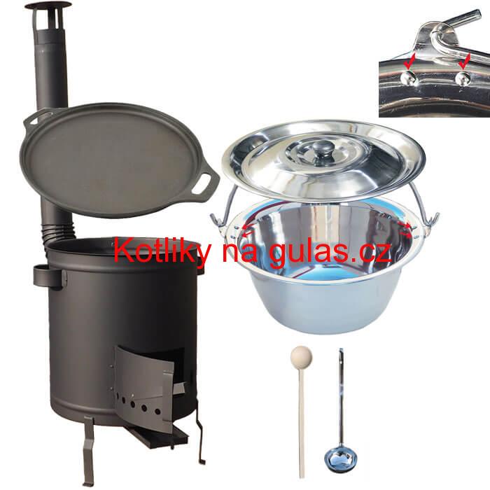 Nerezový kotlík 20 L (0,8 mm) zesílený s nýty + Litinová pánev 43 cm + silnostěnná (1,5 mm) a žáruvzdorná kotlina 42 PLUS 600