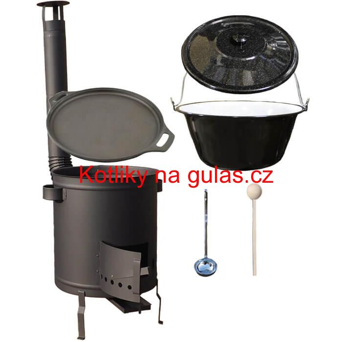 Smaltovaný kotlík 20 L (1,2 mm) + Litinová pánev 43 cm + silnostěnná (1,5 mm) a žáruvzdorná kotlina 42 PLUS 600