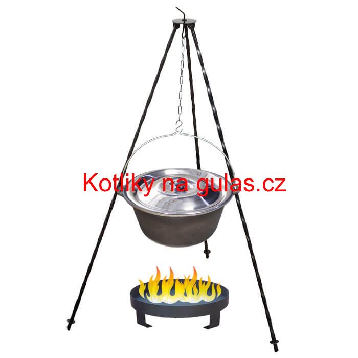 Litinový kotlík 7,2 L + nerezová poklice  + trojnožka 1,2 m + ohniště 36 cm