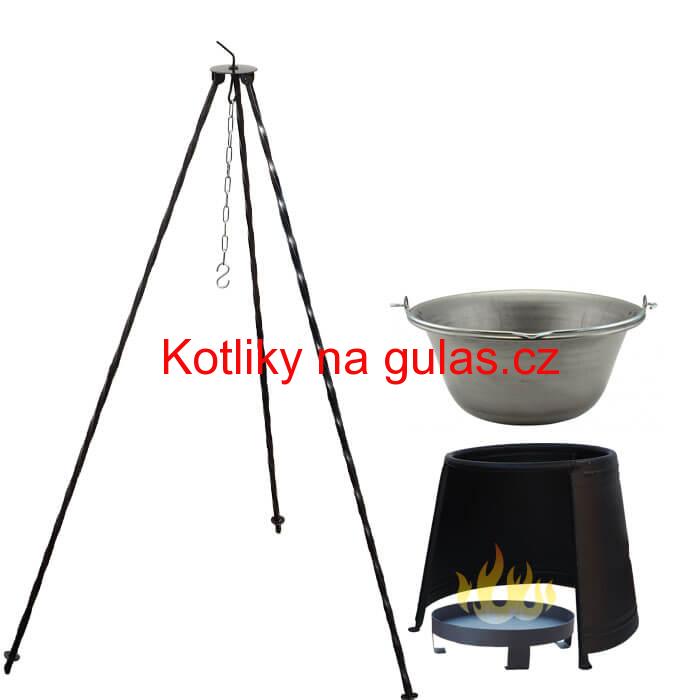Železný kotlík 6 L (0,75 mm) + chránič plamene 32 cm + ohniště 36 cm + trojnožka 1,2 m
