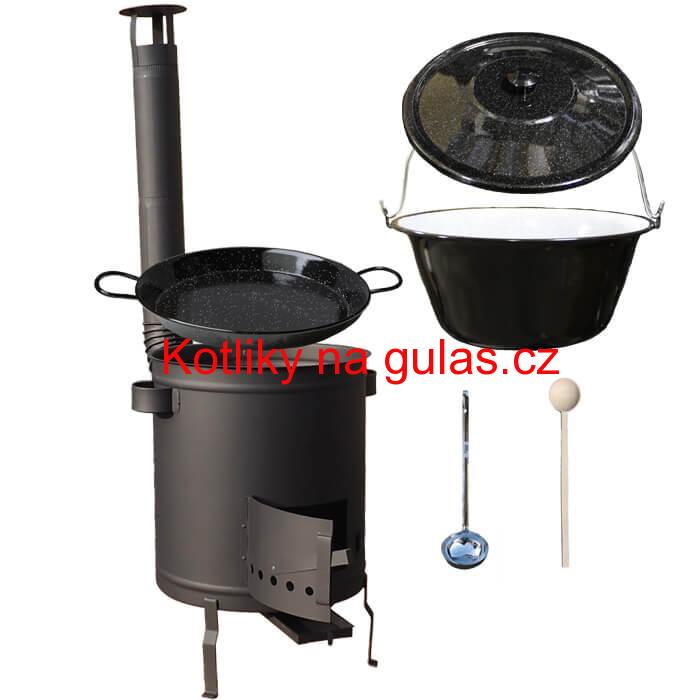 Smaltovaný kotlík 13 L (1,2 mm) + Paella pánev 38 cm + silnostěnná (1,5 mm) žáruvzdorná kotlina (1,5 mm) 36 PLUS 600