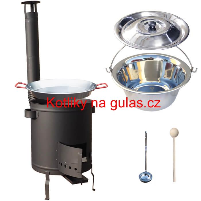 Nerezový kotlík 14 L (0,8 mm) + Paella pánev 38 cm + silnostěnná (1,5 mm) žáruvzdorná kotlina (1,5 mm) 36 PLUS 600