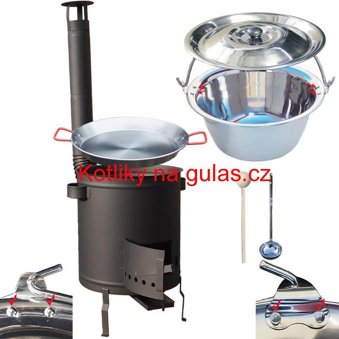 Nerezový kotlík 15 L (0,8 mm) zesílený s nýty + Paella pánev 38 cm + silnostěnná (1,5 mm) žáruvzdorná kotlina 36 PLUS 600