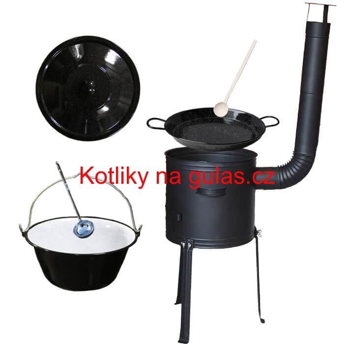Smaltovaný kotlík 13 L (1,2 mm) + Paella pánev 38 cm + kotlina s vysokými nožičkami 36 cm, žáruvzdorná barva Plus 700