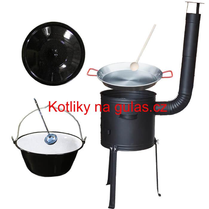 Smaltovaný kotlík 20 L + Paella pánev 46 cm + kovová kotlina s vysokými nožičkami 42 cm, žáruvzdorná barva Plus 700