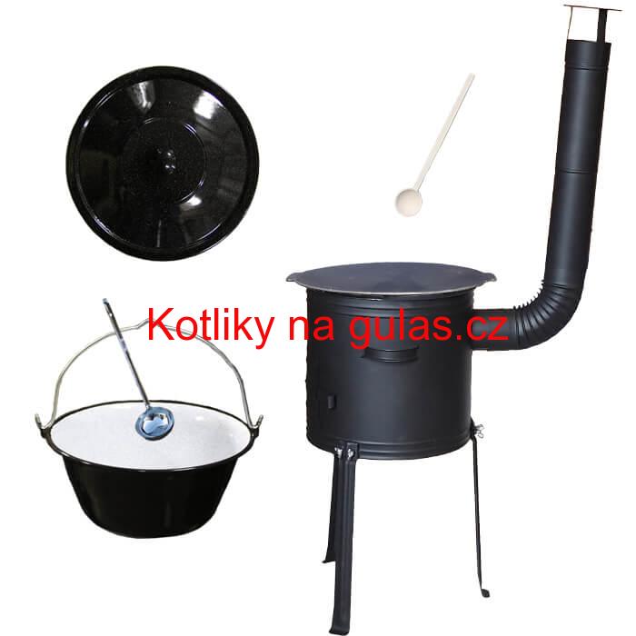 Smaltovaný kotlík 25 L + Litinová pánev 45 cm + kovová kotlina s vysokými nožičkami 42 cm, žáruvzdorná barva Plus 700