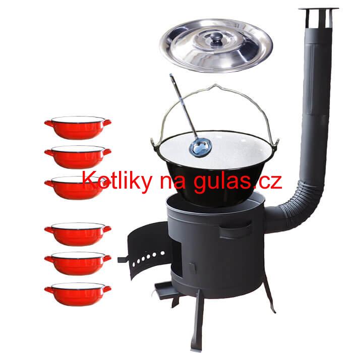 Smaltovaný kotlík 20 L + selské misky 6 ks + nízká žáruvzdorná kotlina 42 cm PLUS 600