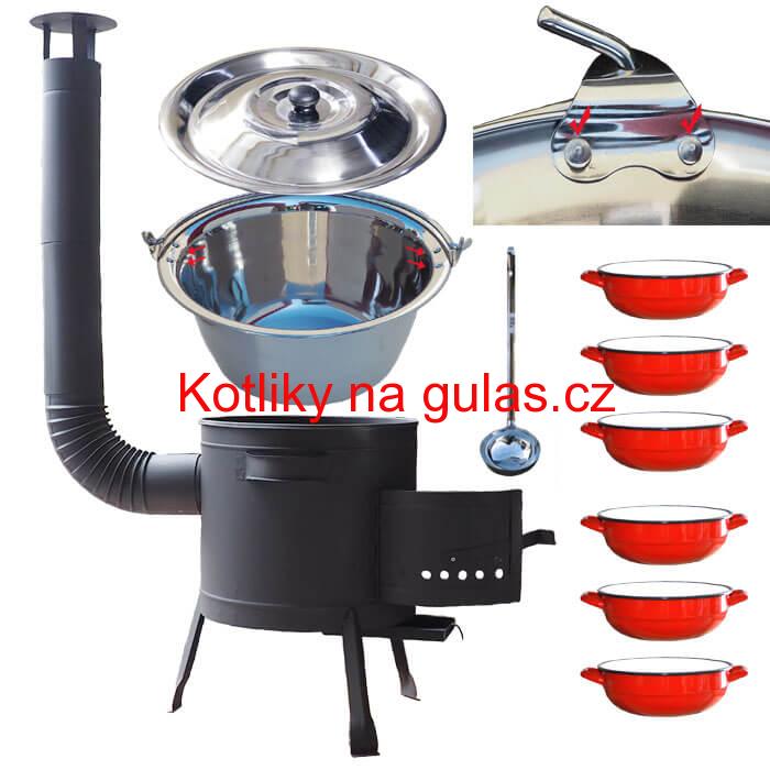 Nerezový kotlík 15 L (0,8 mm) s nýty INOX + selské misky 6 ks + nízká žáruvzdorná kotlina 36 cm PLUS 600