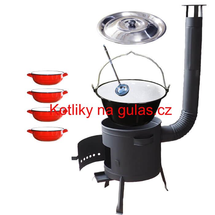 Smaltovaný kotlík 20 L + selské misky 4 ks + nízká žáruvzdorná kotlina 42 cm PLUS 600