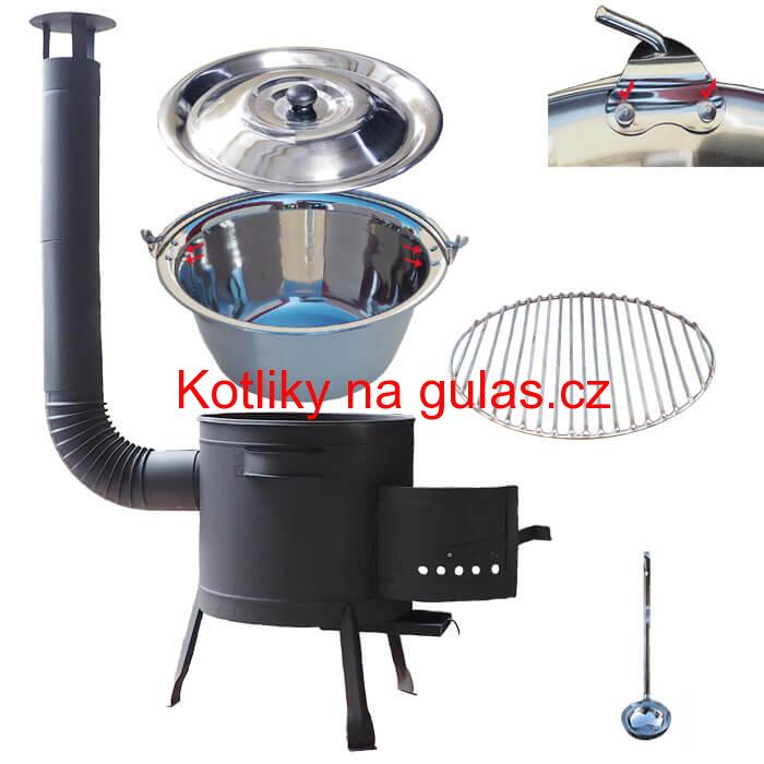 Nerezový kotlík 20 L (0,8 mm) s nýty INOX + Nerezový rošt 45 cm + nízká žáruvzdorná kotlina 42 cm PLUS 600