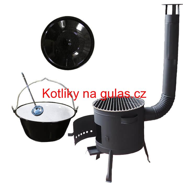 Smaltovaný kotlík 25 L + Nerezový rošt 45 cm + nízká žáruvzdorná kotlina 42 cm PLUS 600