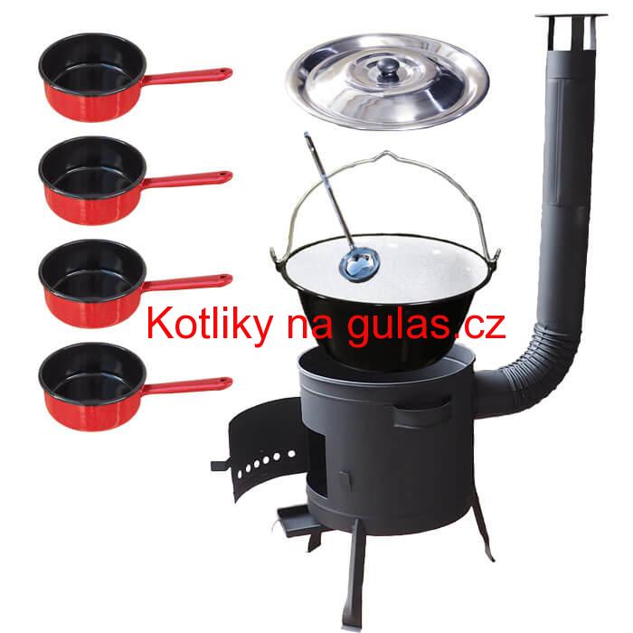 Smaltovaný kotlík 30 L + smaltovaný rendlík 4 ks + nízká žáruvzdorná kotlina 45 cm PLUS 600