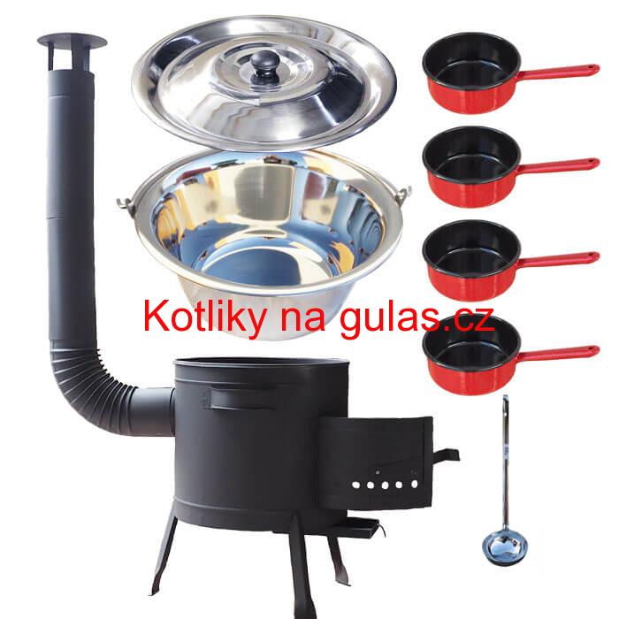 Nerezový kotlík 22 L (0,8 mm) INOX + smaltované rendlíky 4 ks + nízká žáruvzdorná kotlina 42 cm PLUS 600