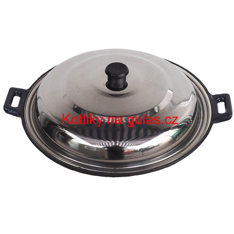 Litinový wok – smaltovaný povrch 37 cm + nerezová poklice