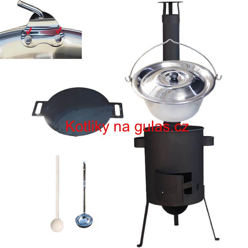 Nerezový kotlík 15 L (0,8 mm) s nýty + železná pánev 38 cm UNI + kotlina 36 cm PLUS 600 4 MM