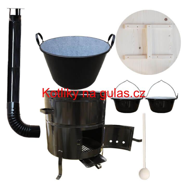 Zabijačkový smaltovaný kotel 100 L + kovová kotlina 58 cm + 2 servírovací kotlíky  a kouřovod