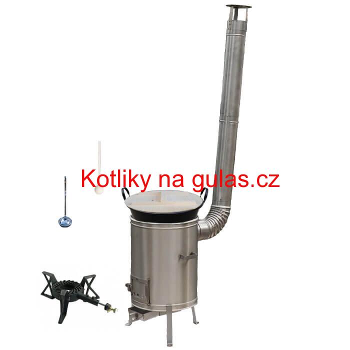 Zabijačkový smaltovaný kotel 100 L + nerezová kotlina 60 cm + hořák 7 kW + vařečka a naběračka
