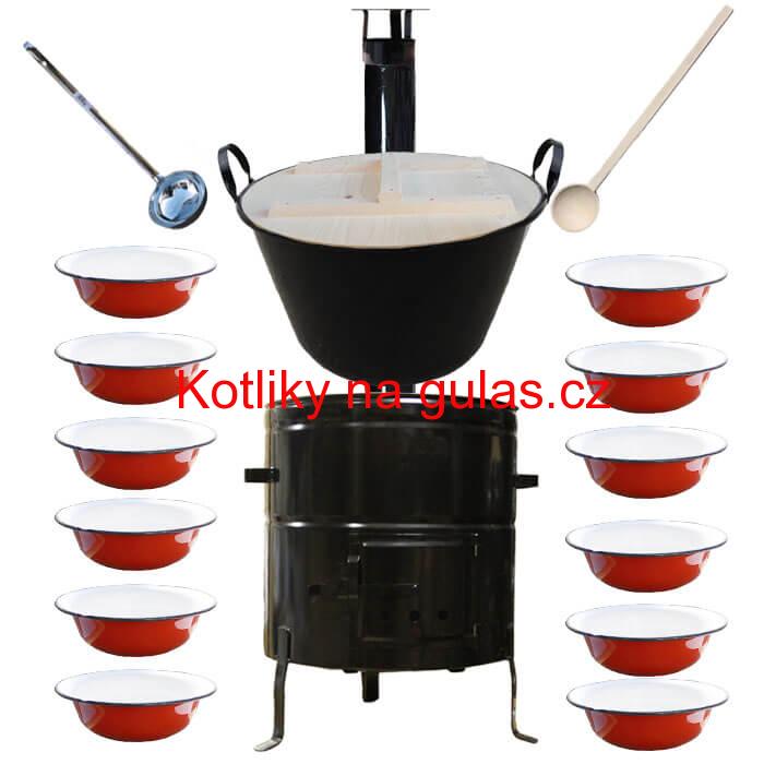 Smaltovaný kotel 100 L + smaltované talíře 12 ks vařečka a naběračka BIG PARTY