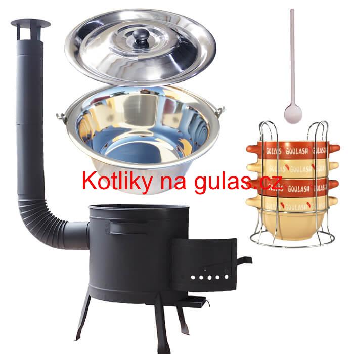 Nerezový kotlík 22 L (0,8 mm) INOX + misky na guláš 4 ks + nízká žáruvzdorná kotlina 42 PLUS 600