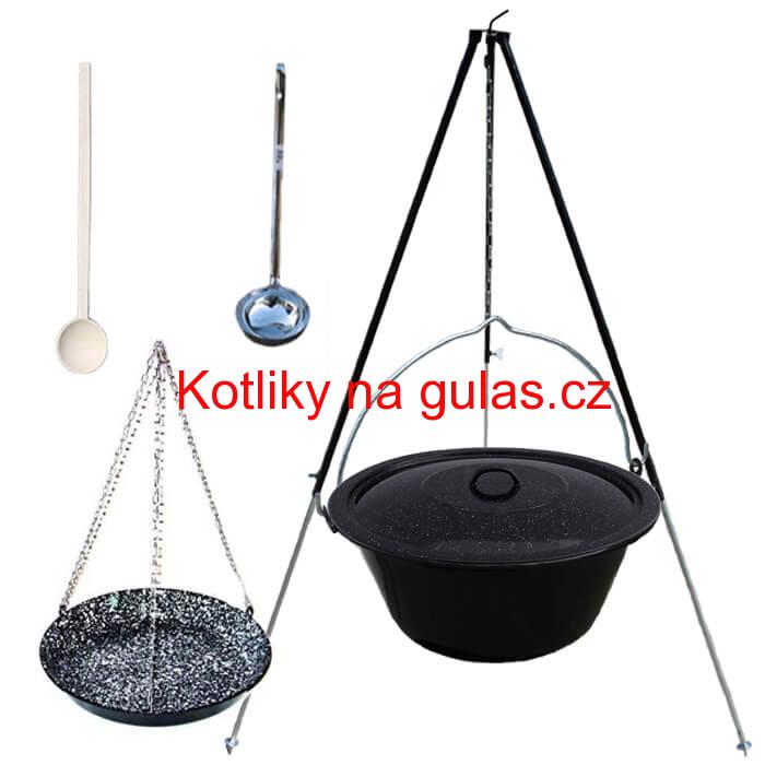 Smaltovaný kotlík 30 L + pánev na grilování + teleskopická trojnožka