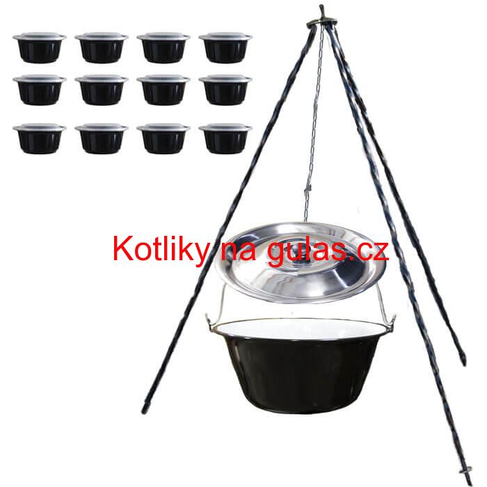 Smaltovaný kotlík 13 L (1,2 mm) + nerezová poklice + trojnožka 1,20 m + misky 12 ks