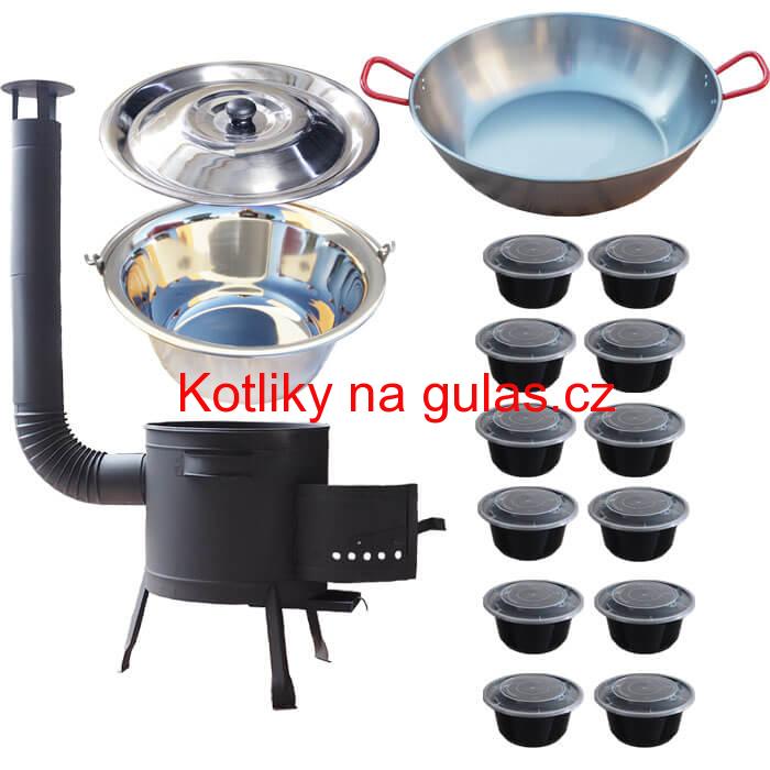 Nerezový kotlík 22 L (0,8 mm) INOX + Pánev PAELLA (WOK) 45 cm + misky 12 ks + nízká kotlina 42 PLUS 600