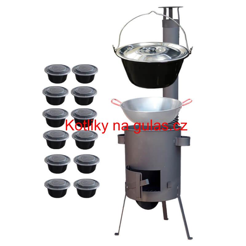 Smaltovaný kotlík 22 L + Pánev PAELLA (WOK) 45 cm + misky 12 ks + žáruvzdorná kotlina 42 PLUS 600 s roštem na popel 4 mm