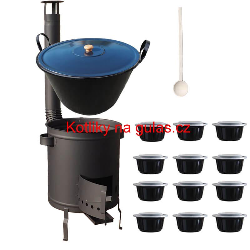 Smaltovaný kotel 60 L + silná kovová kotlina 53 cm (1,5 mm) STRONG PLUS 600 + misky 12 ks