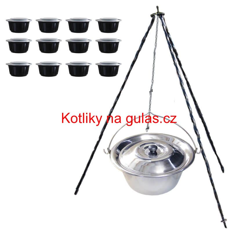 Nerezový kotlík 10 L (0,8 mm) INOX + poklice + trojnožka 1,20 m + misky 12 ks