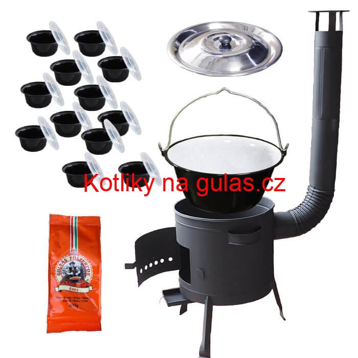 Smaltovaný kotlík 25 L (1,2 mm) + poklice + misky 12 ks + nízká žáruvzdorná kotlina (0,8 mm) 42 PLUS 600
