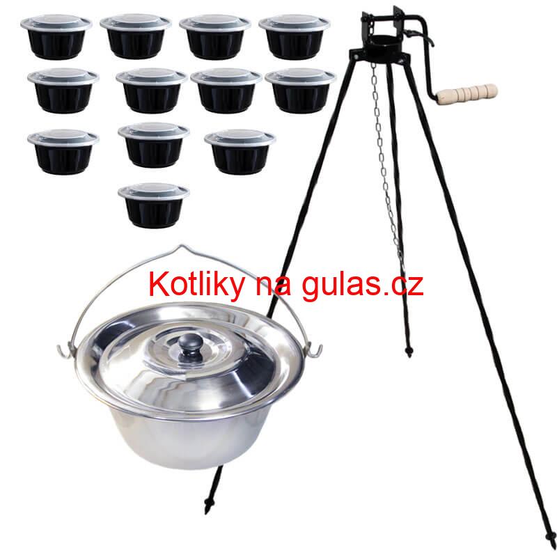 Nerezový kotlík 14 L (0,8 mm) INOX + stojan s kladkou VAR + misky 12 ks