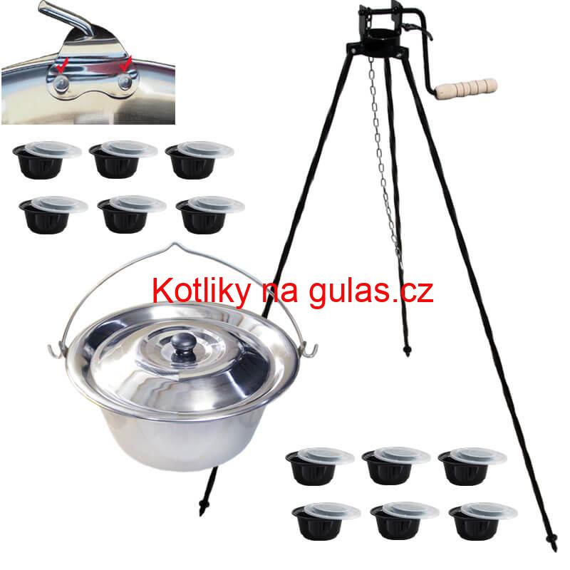 Nerezový kotlík 15 L (0,8 mm) s nýty + stojan s kladkou VAR + misky 12 ks