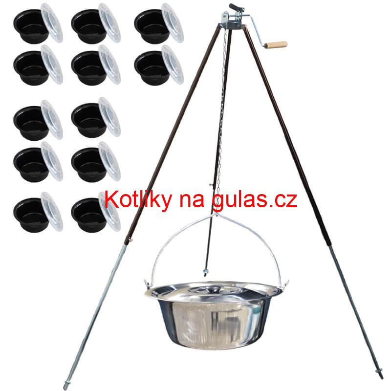 Nerezový kotlík 20 L (1,2 mm) + teleskopická trojnožka s pojistnou kladkou + misky 12 ks