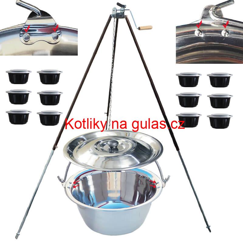 Nerezový kotlík 30 L (0,8 mm) s nýty + teleskopická trojnožka s pojistnou kladkou + misky 12 ks