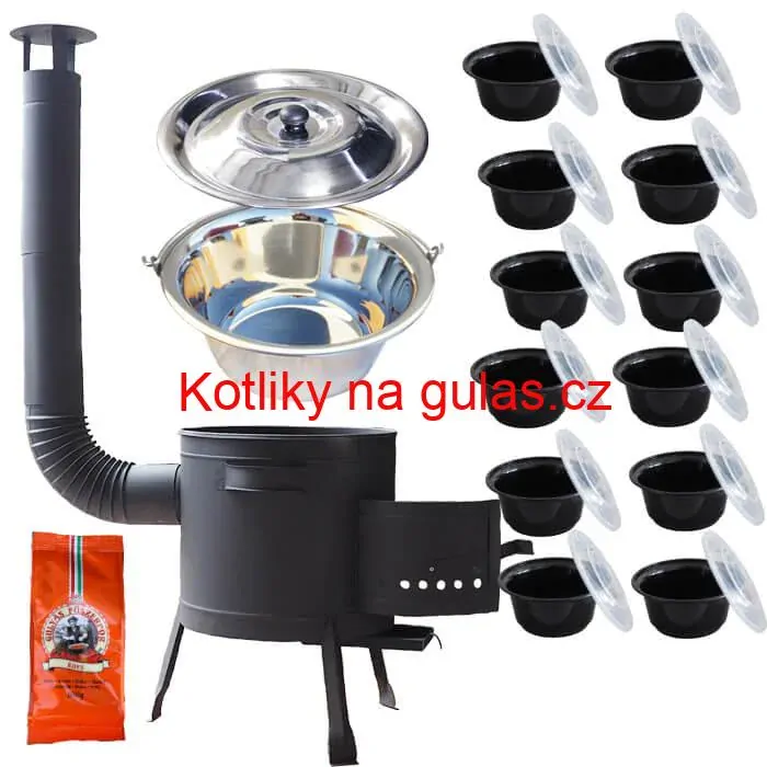 Nerezový kotlík 22 L (0,8 mm) INOX + silnostěnná (1,5 mm) žáruvzdorná kotlina BALKY STRONG 42 PLUS 600 + misky 12 ks + paprikové koření na guláš 100 g