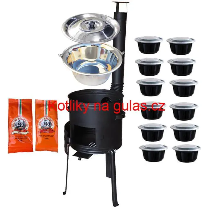 Nerezový kotlík 22 L (0,8 mm) INOX + žáruvzdorná kotlina 42 cm Plus 700 + misky 12 ks + 2 x pepř na guláš 100 g