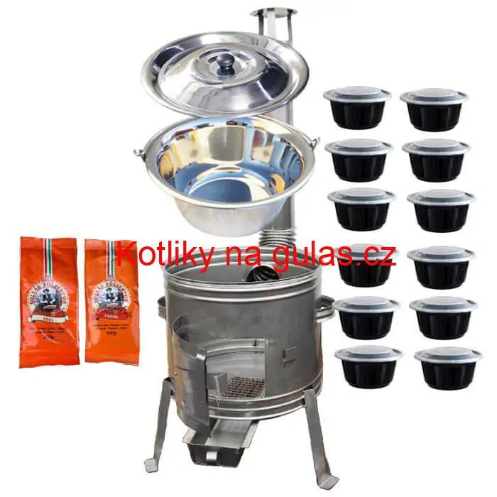 Nerezový kotlík 22 L (0,8 mm) INOX + nerezová kotlina 42 cm TOPLUX + misky 12 ks + 2 x pepř na guláš 100 g