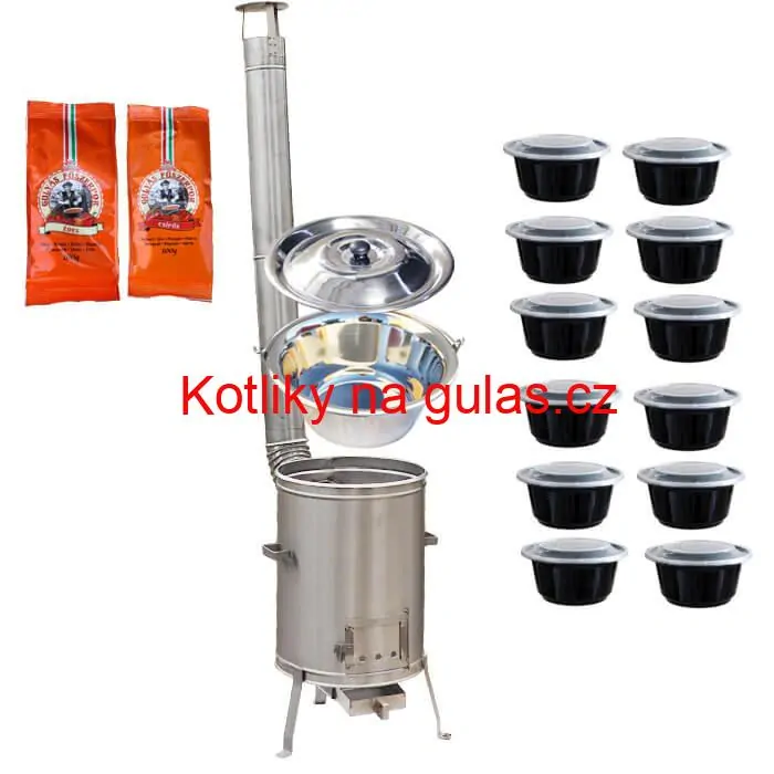 Nerezový kotlík 22 L (0,8 mm) INOX + nerezová kotlina 42 cm LUX + misky 12 ks + 2 x pepř na guláš 100 g